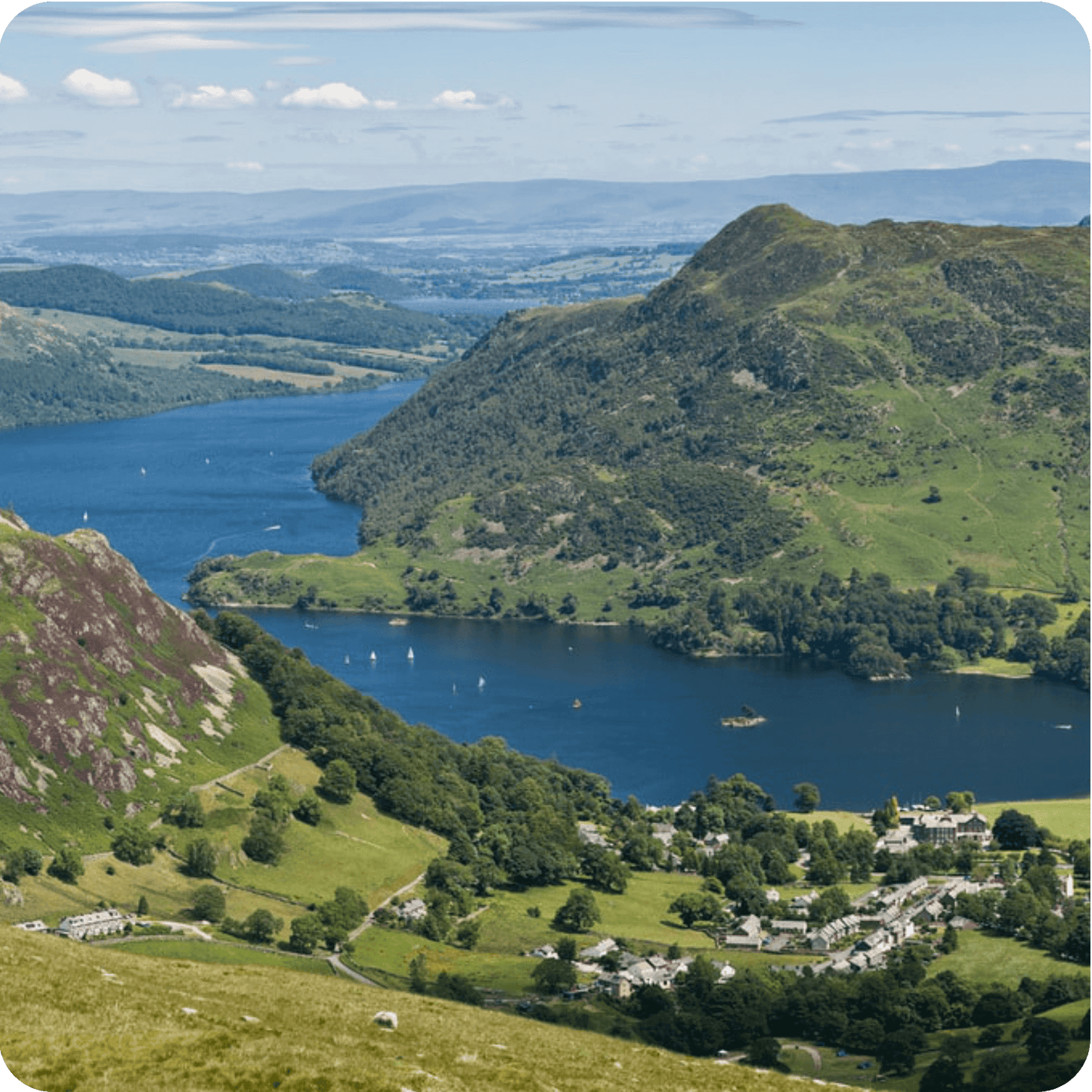 Scenic view of the Lake District showcasing lush green hills and vibrant blue lakes, ideal for UK tours.