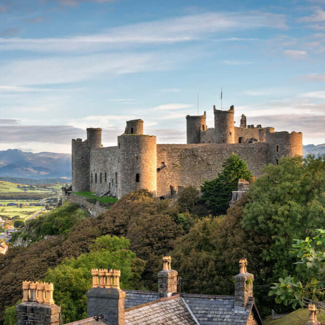
                  
                    Historic castle on a hillside in Wales, surrounded by lush greenery, representing UK tours and Welsh heritage.
                  
                