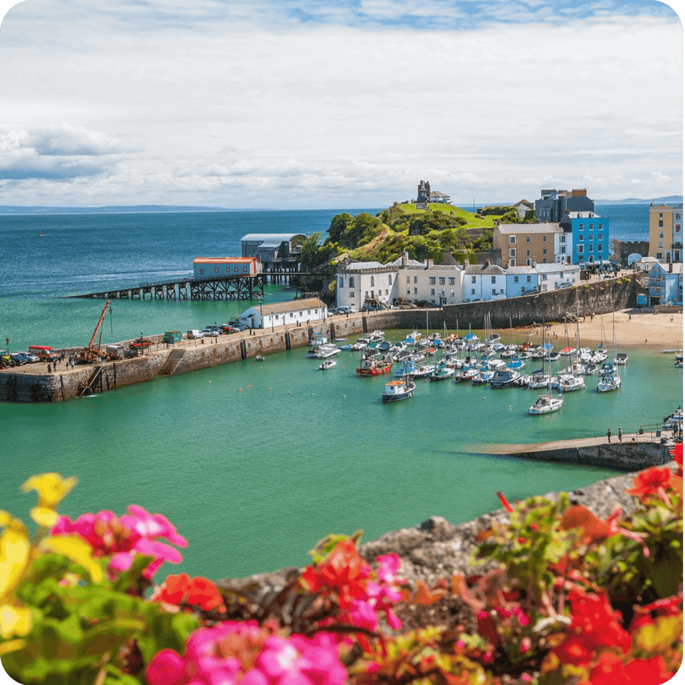 
                  
                    Stunning view of a Welsh harbor with colorful buildings, boats, and vibrant flowers in the foreground.
                  
                